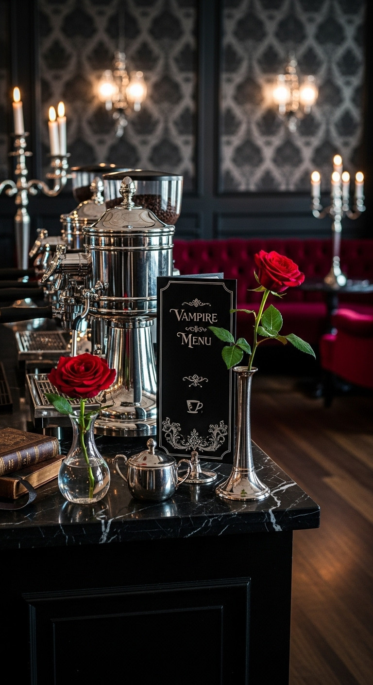 Hyperrealistic Bloxburg Gothic Vampire Lair coffee bar with black marble counter silver coffee machines red rose and Vampire Menu decal