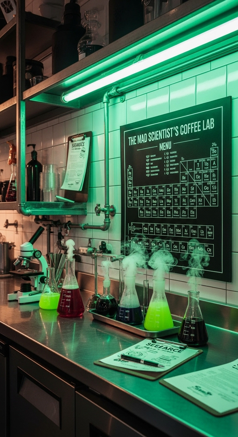 Hyperrealistic Bloxburg Mad Scientist Coffee Lab with stainless steel counters colorful beakers periodic table menu and industrial shelving
