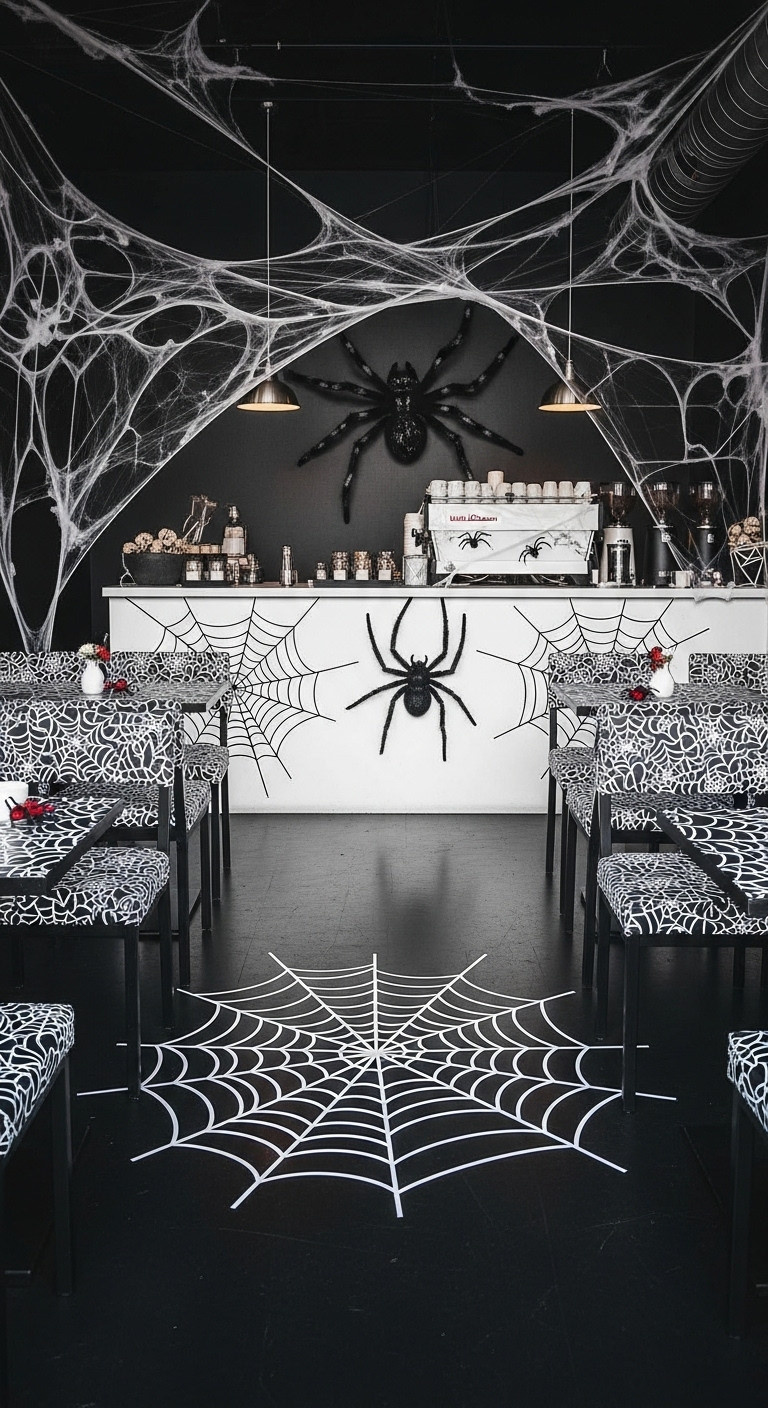 Hyperrealistic Bloxburg Spooky Spider Web Den coffee bar with custom web decals black walls white counter and oversized spider decoration