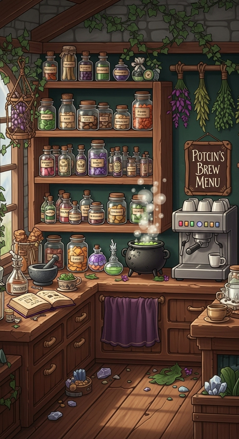 Hyperrealistic Bloxburg Witchs Brew Apothecary coffee bar with potion bottles jars of ingredients bubbling cauldron and Potion Menu decal