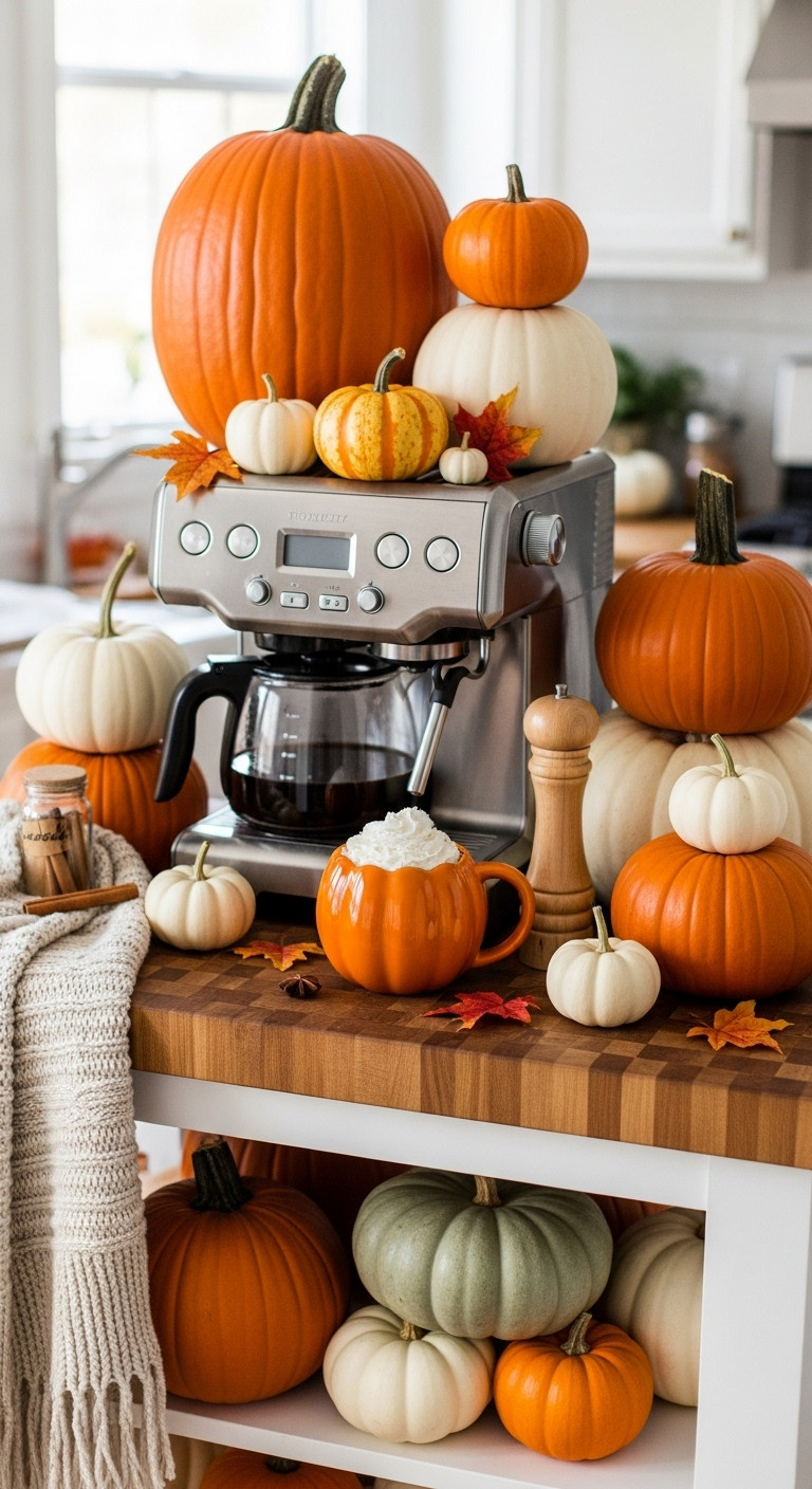 Hyperrealistic Cozy Pumpkin Patch Halloween coffee bar for party guests with diverse pumpkins and a pumpkin shaped coffee mug