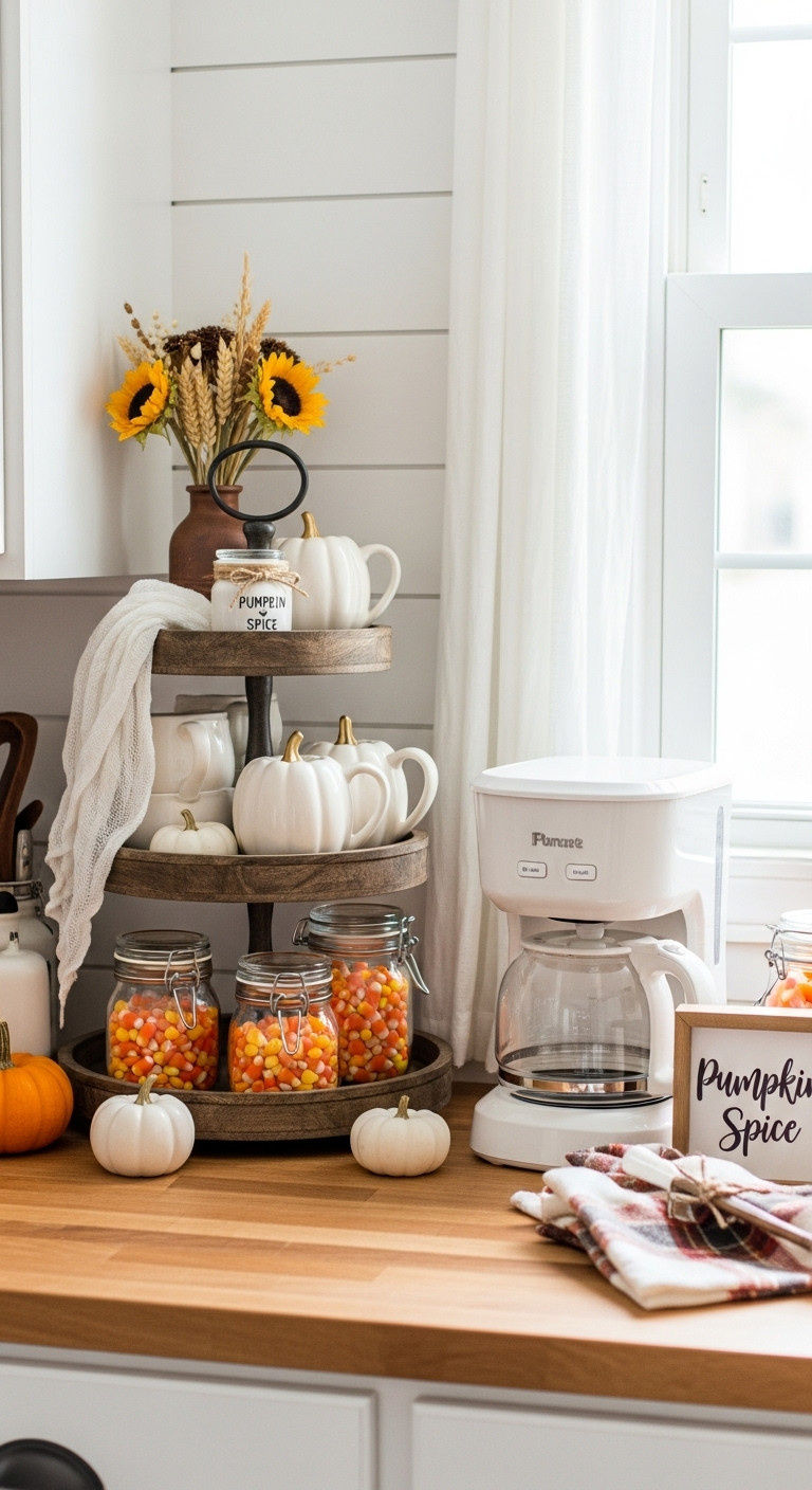 Hyperrealistic Cozy Rustic Trick or Treat Farmhouse coffee bar for Halloween party guests with white coffee maker pumpkin mugs and candy corn