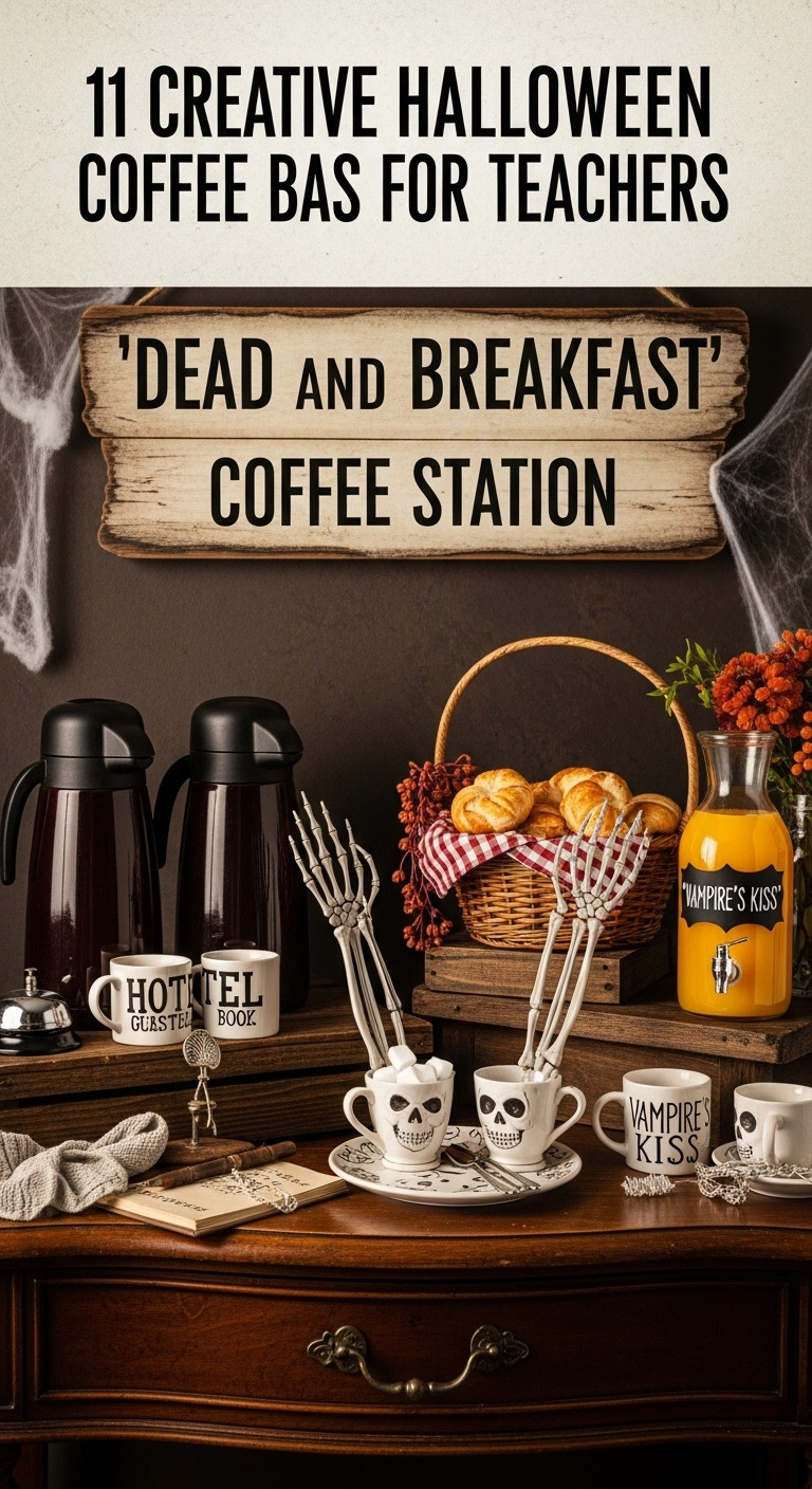 Hyperrealistic Dead and Breakfast Halloween coffee station for teachers with vintage sign carafes pastries and skeleton hand tongs