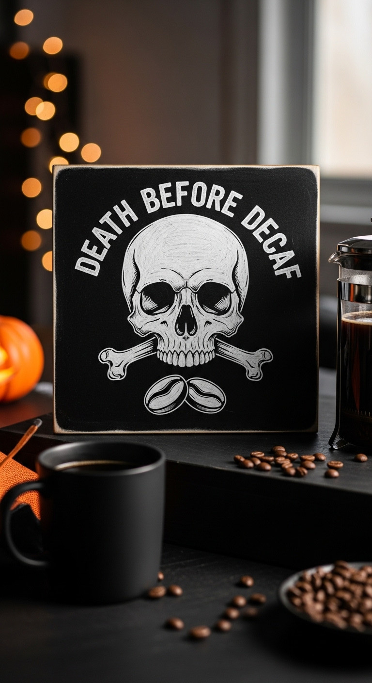 Hyperrealistic Death Before Decaf Skull Sign chalkboard art for Halloween coffee bar with stylized skull coffee beans and bold lettering