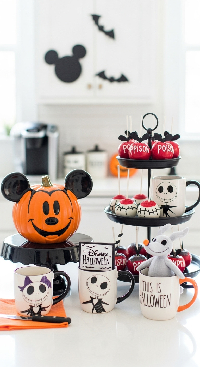 Hyperrealistic Disney Halloween Magic coffee bar decor with Mickey Mouse pumpkin Nightmare Before Christmas mugs and poison apple cake pops