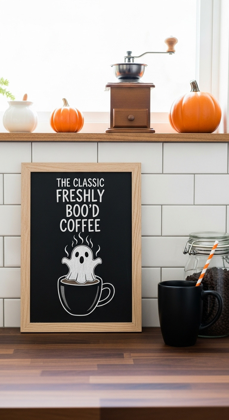 Hyperrealistic Freshly Booed Coffee Ghost Sign chalkboard art for Halloween coffee bar with hand-drawn ghost coffee mug and whimsical lettering