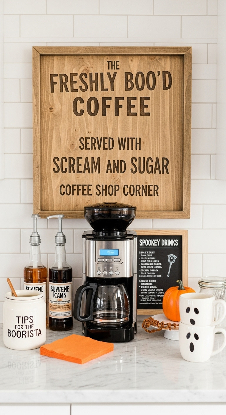 Hyperrealistic Freshly Booed Coffee Shop Corner for Halloween party guests with wooden sign coffee maker syrup dispensers and chalkboard menu