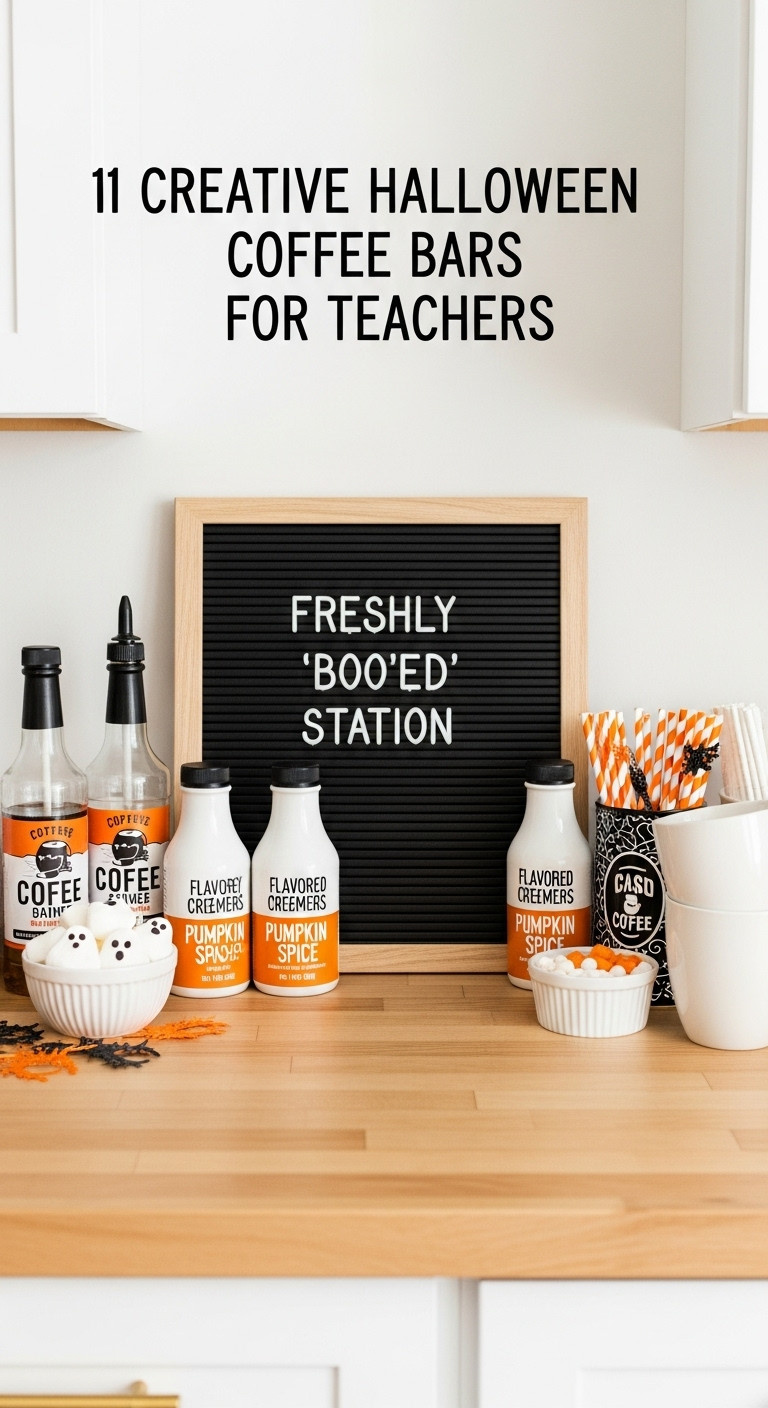 Hyperrealistic Freshly Booed Halloween coffee station for teachers with letterboard sign flavored creamers syrups and ghost marshmallows