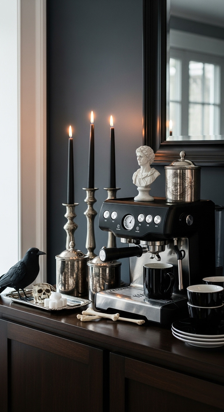 Hyperrealistic Gothic Elegance Haunted Manor coffee bar for party guests with black espresso machine vintage silver canisters and bust statue
