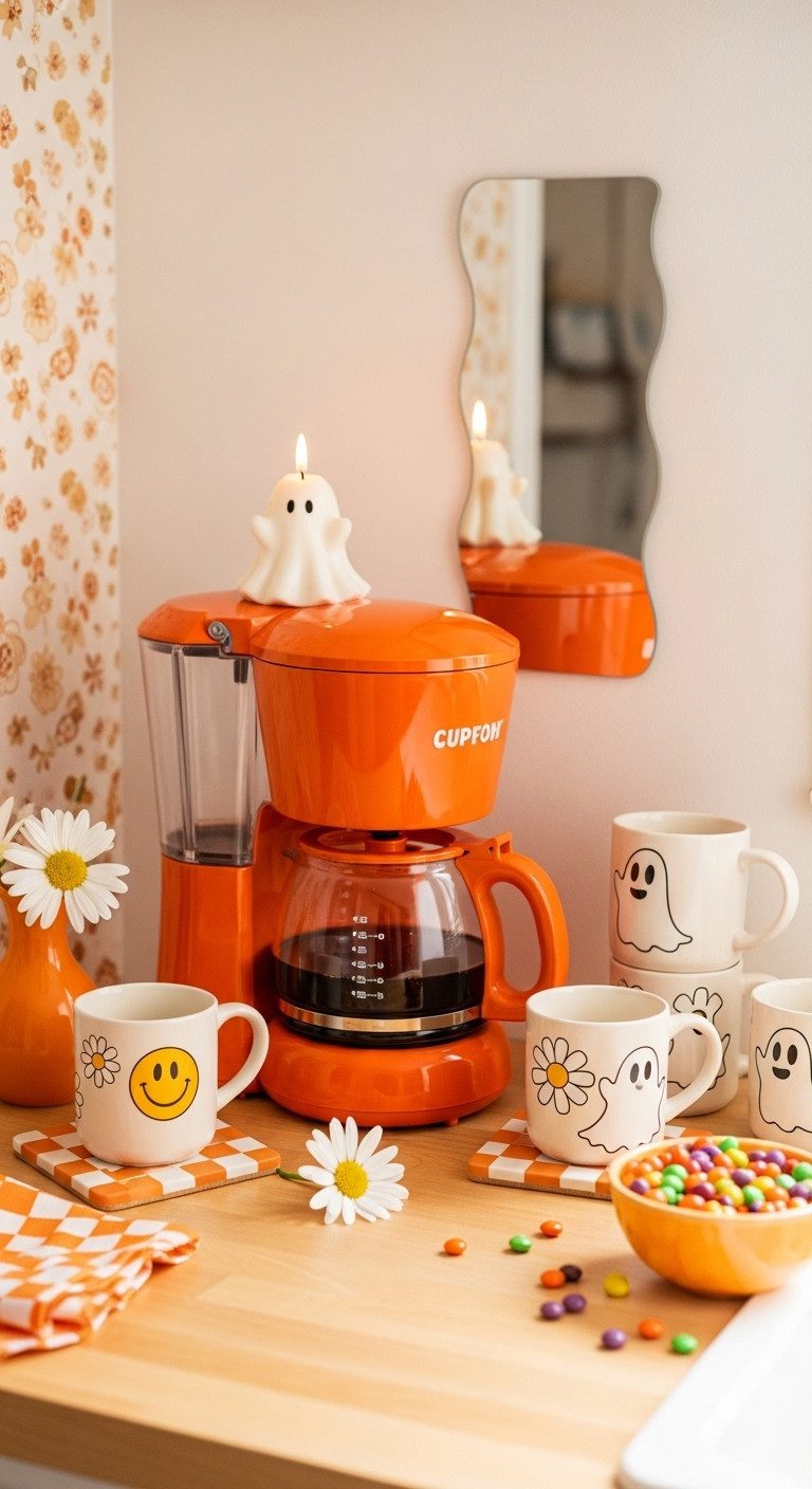 Hyperrealistic Groovy and Ghastly Retro Halloween coffee bar for party guests with orange coffee maker smiling ghost mugs and wavy mirror