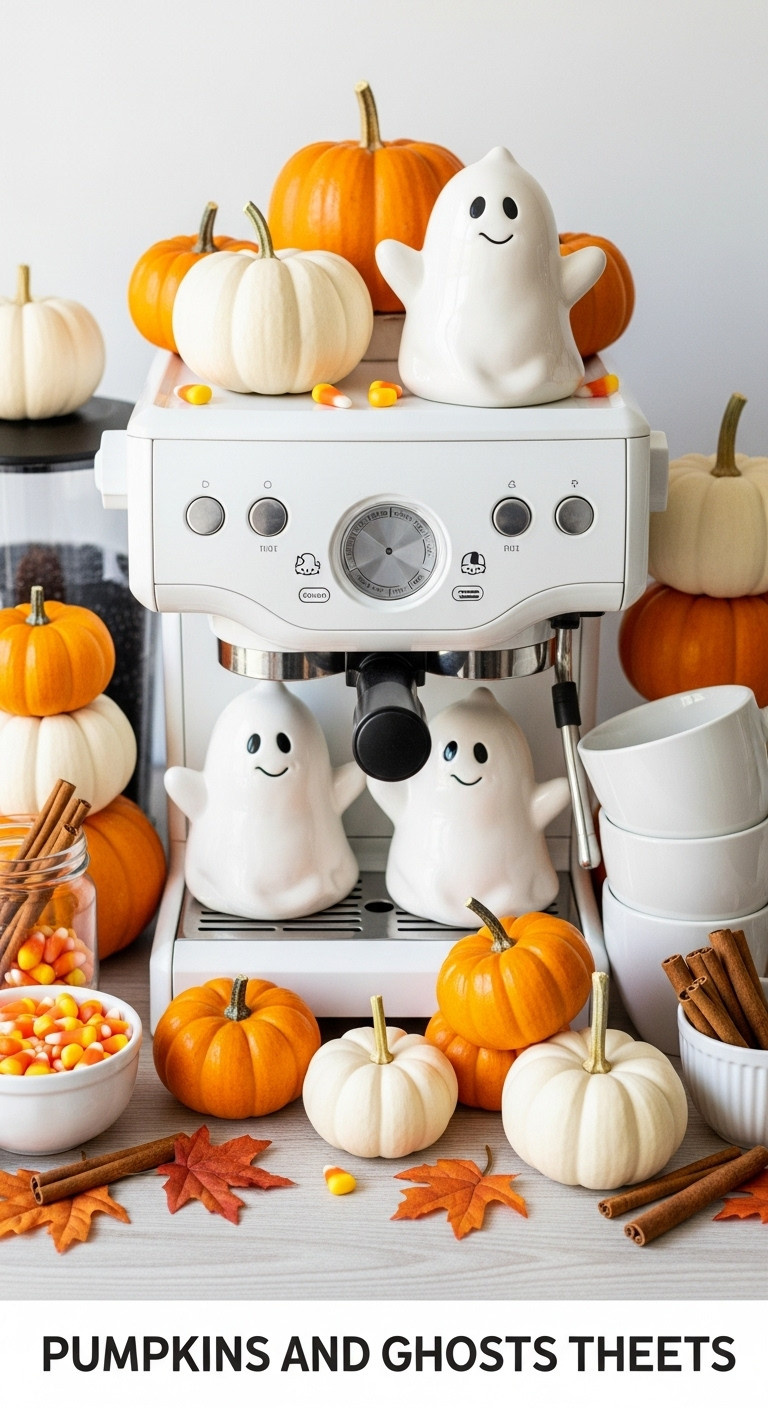 Hyperrealistic Halloween coffee bar for teachers with pumpkins and ghosts theme mini pumpkins ghost figurines and white coffee machine