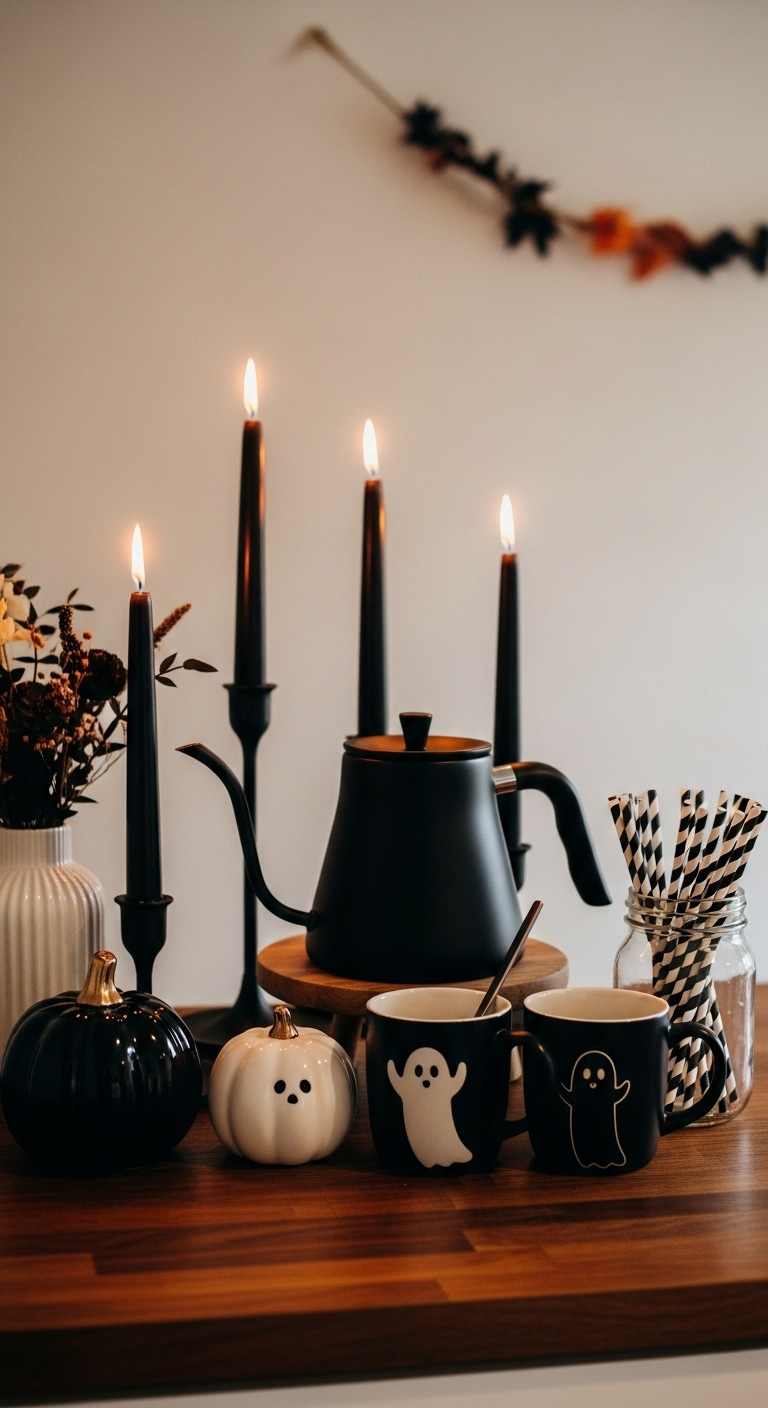 Hyperrealistic Halloween coffee bar for teachers with spooky elegant decor black kettle eerie candlelight ceramic pumpkins and ghost mugs