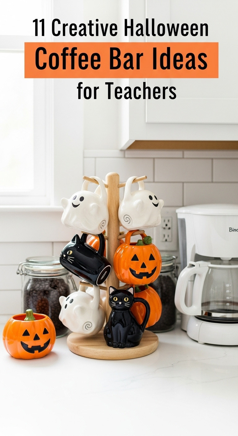 Hyperrealistic Halloween coffee bar for teachers with themed mugs ghost black cat pumpkin mugs on a tiered tree