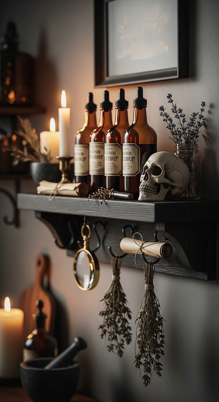 Hyperrealistic Haunted Apothecary Syrup Shelf for Halloween party guests with amber bottles skull model dried herbs and old-world tools
