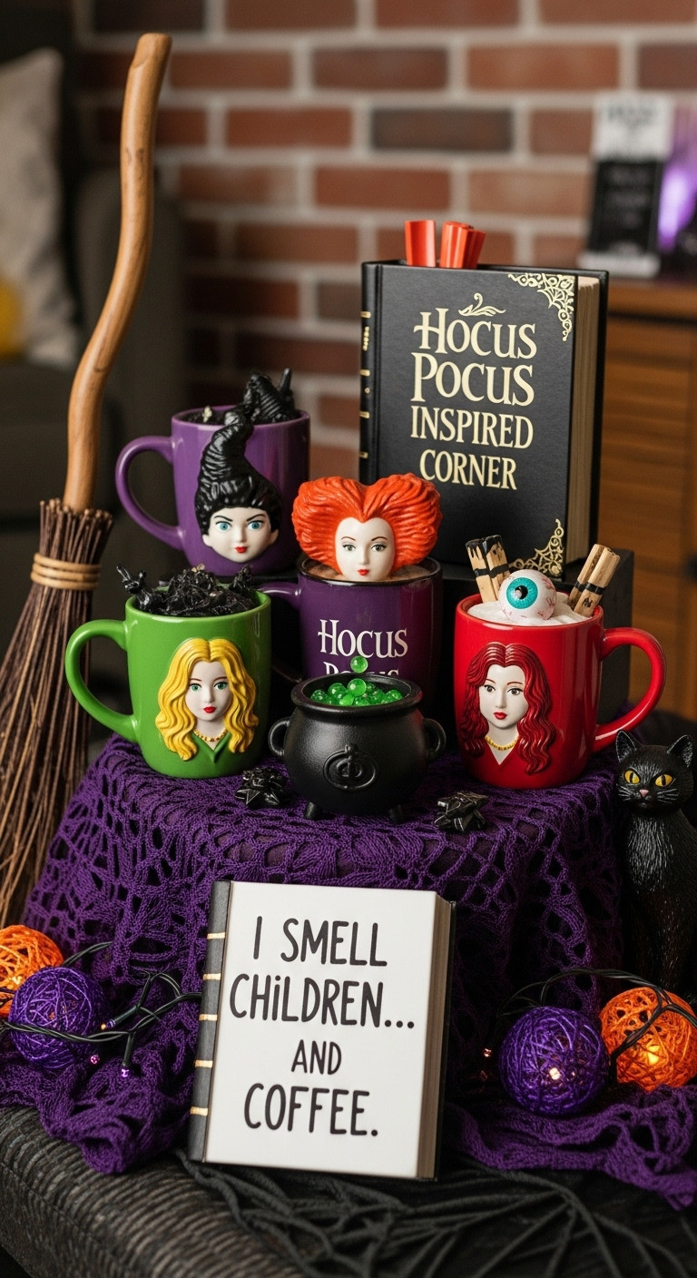 Hyperrealistic Hocus Pocus inspired Halloween coffee bar decor with Sanderson sister mugs bubbling cauldron and spellbook replica