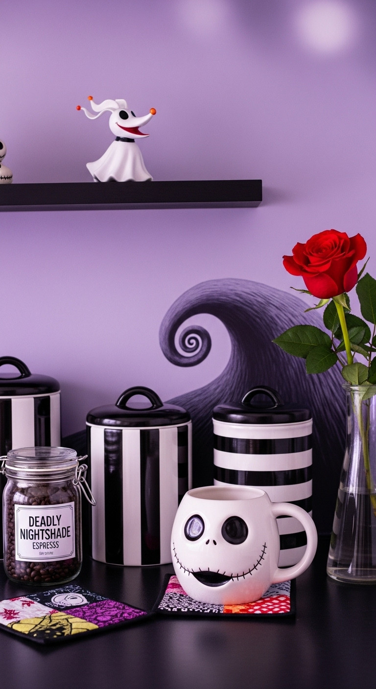 Hyperrealistic Nightmare Before Coffee bar for Halloween party guests with Jack Skellington mug Zero figurine and swirly hill backdrop