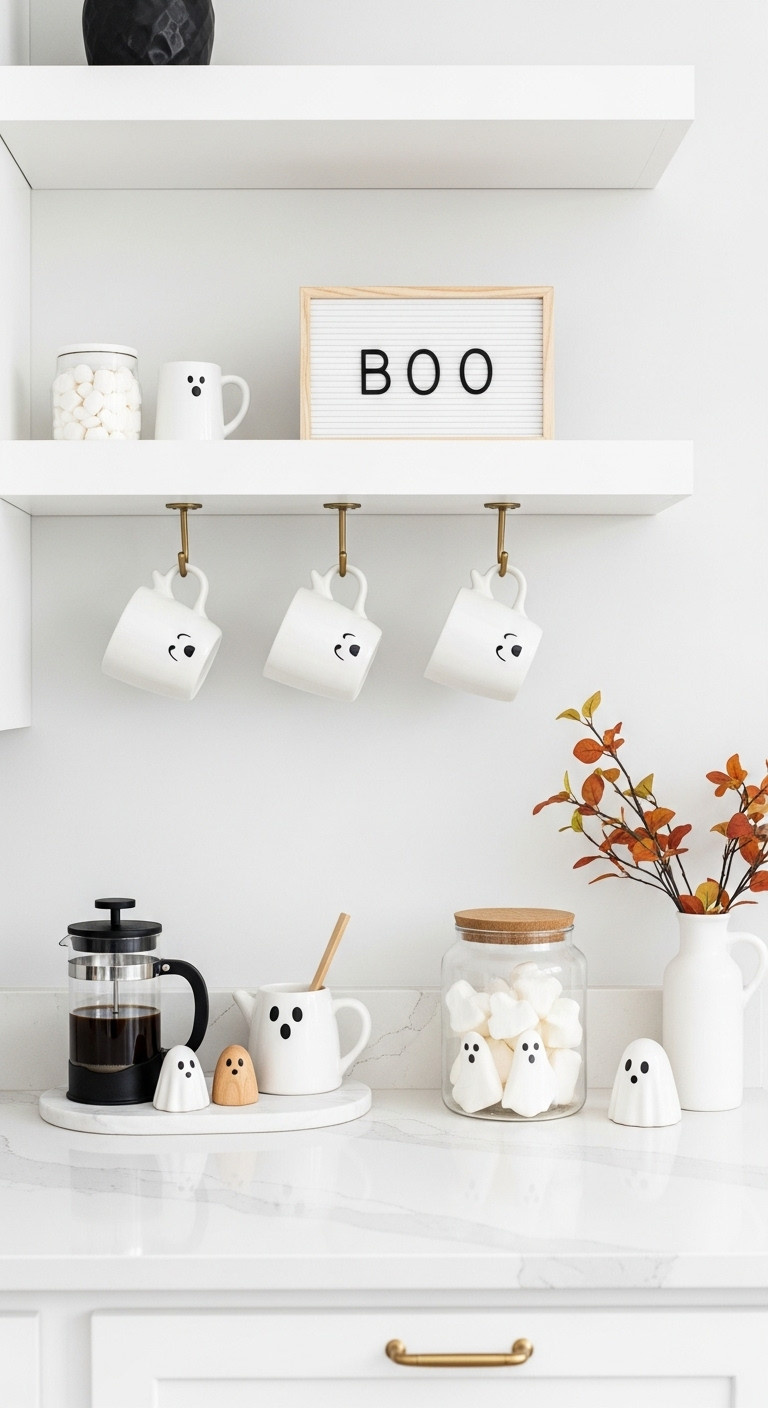 Hyperrealistic Playful Minimalist Ghostly Gathering coffee nook for Halloween party guests with floating shelves ghost mugs and BOO sign