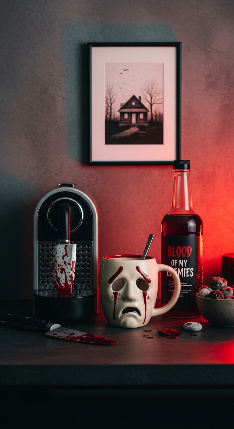 Hyperrealistic Slasher Movie Sip Spot Halloween coffee bar for party guests with horror mask mug red syrup spooky cabin art and bloody knife prop