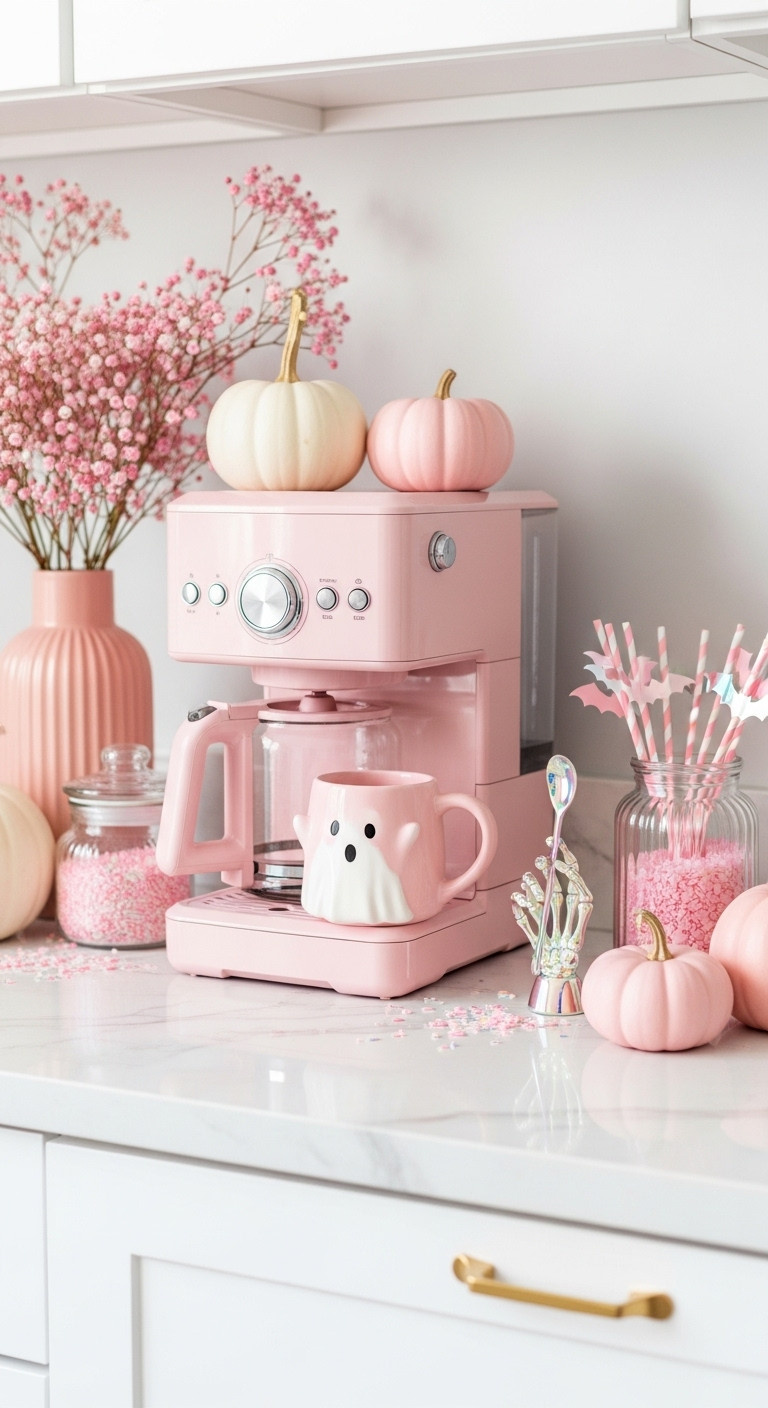 Hyperrealistic Trendy Pretty in Pink Spooks coffee station for Halloween party guests with pink coffee maker ghost mug and iridescent skeleton hand