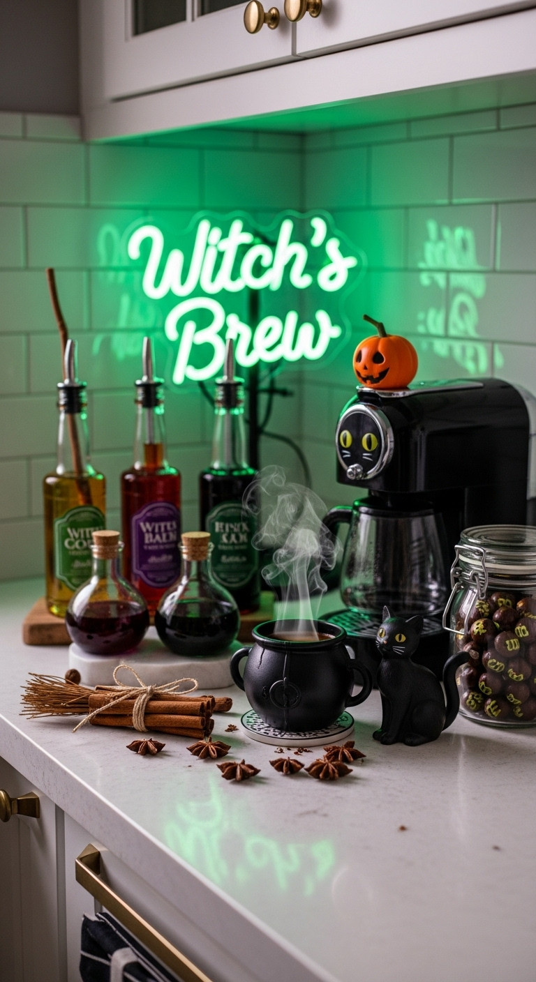 Hyperrealistic Whimsical Witchs Brew Potion Station for Halloween party guests with colorful syrups cauldron mug and neon sign