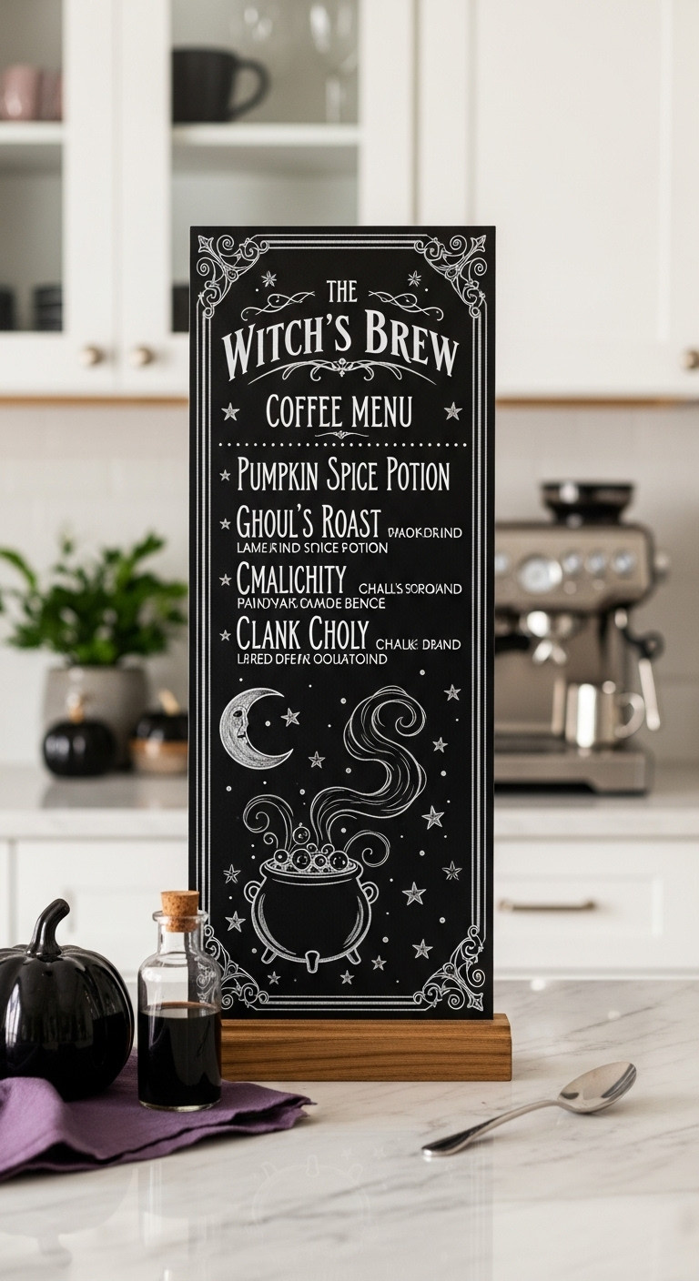 Hyperrealistic Witchs Brew Coffee Menu chalkboard art for Halloween coffee bar with gothic font fictional specials and mystical drawings