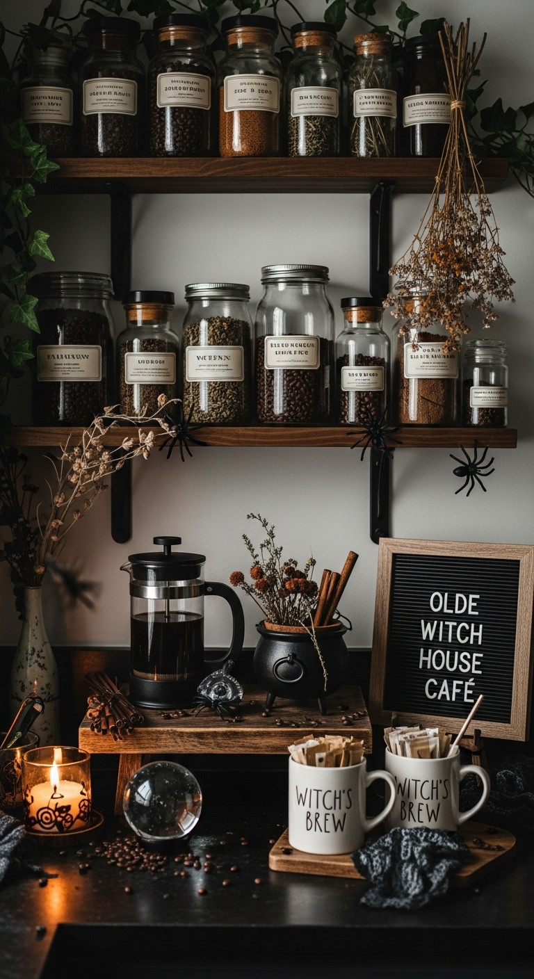 Hyperrealistic Witchs Potion Lab Halloween coffee bar decor with apothecary jars French press cauldron mugs and Olde Witch House Café sign