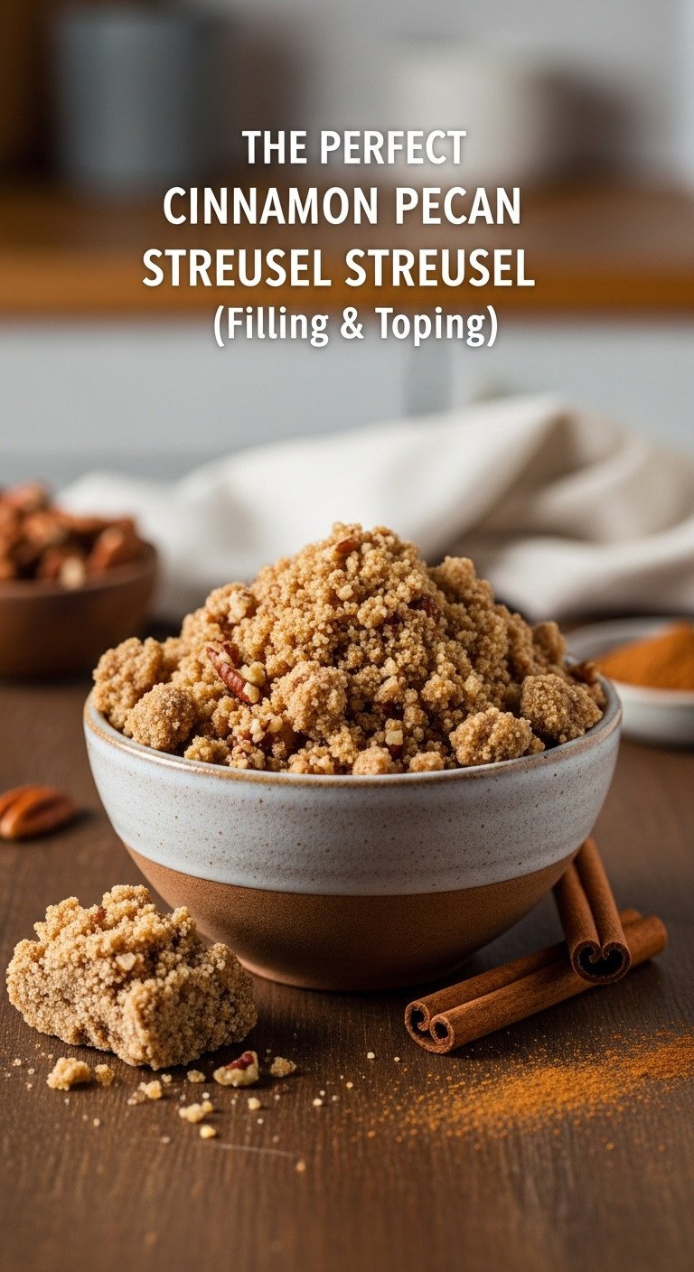 Hyperrealistic cinnamon pecan streusel for pumpkin coffee cake bundt recipe with brown sugar flour cinnamon and chopped pecans in a rustic bowl