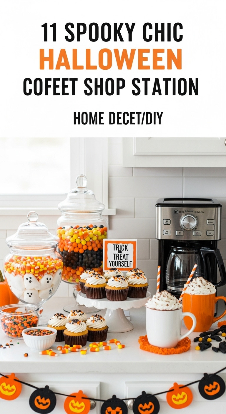 Hyperrealistic edible sweet shop Halloween coffee bar decor with apothecary jars candy corn cupcakes and Trick or Treat Yourself sign