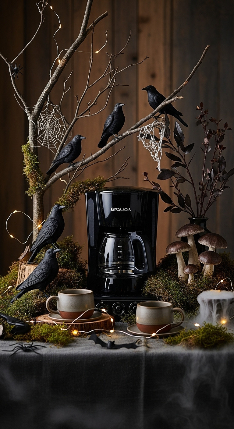 Hyperrealistic eerie enchanted forest Halloween coffee bar decor with moss gnarled branches crow figurines and twinkling fairy lights