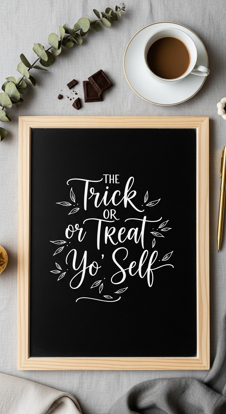 Hyperrealistic elegant Trick or Treat Yo Self script chalkboard art for Halloween coffee bar with flowing calligraphy and decorative flourishes