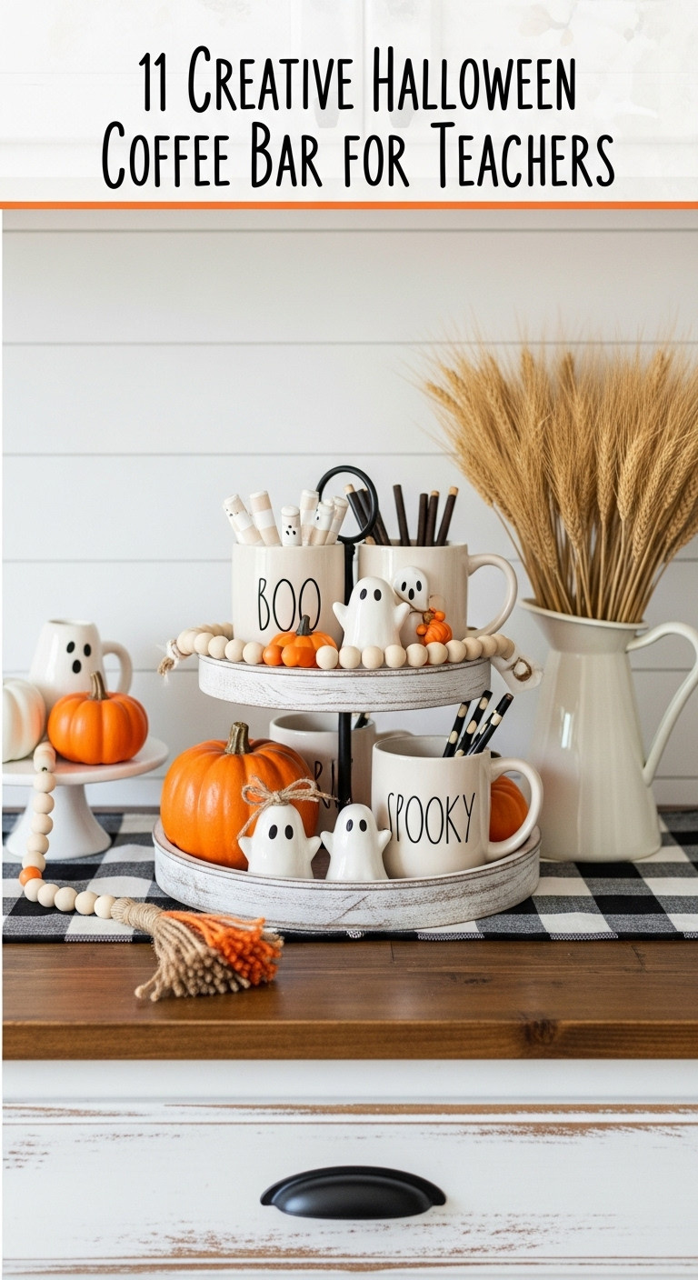 Hyperrealistic farmhouse Halloween coffee bar for teachers with Rae Dunn mugs ghost figurines mini pumpkins and buffalo check runner