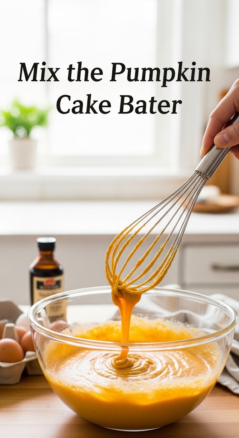 Hyperrealistic gluten free pumpkin coffee cake batter being mixed with a whisk showing smooth orange texture in a large bowl