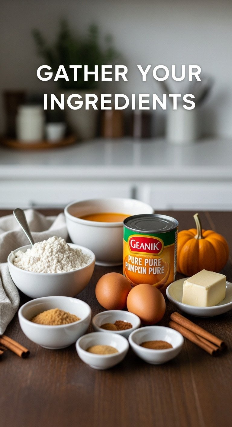 Hyperrealistic gluten free pumpkin coffee cake ingredients flat lay with 11 flour brown sugar pumpkin puree eggs spices and butter