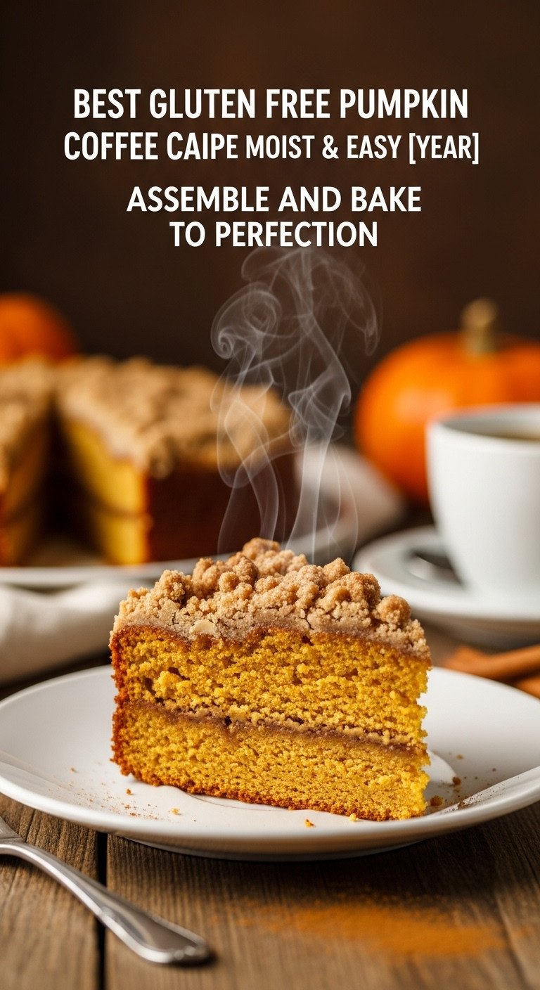Hyperrealistic gluten free pumpkin coffee cake slice with moist base crumbly streusel and gentle steam on a white plate