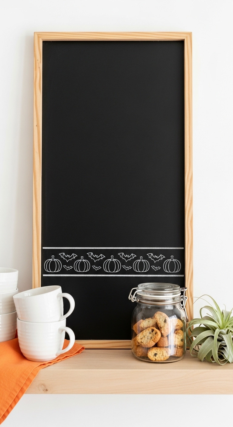 Hyperrealistic minimalist pumpkin and bat border chalkboard art for Halloween coffee bar with stylized outlines and blank center for message