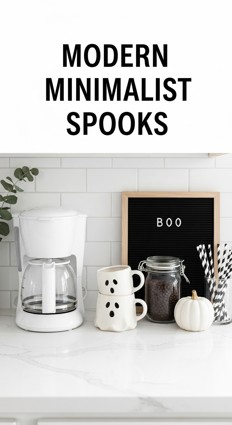 Hyperrealistic modern minimalist Halloween coffee bar decor with white coffee maker ghost mugs ceramic pumpkin and BOO letterboard