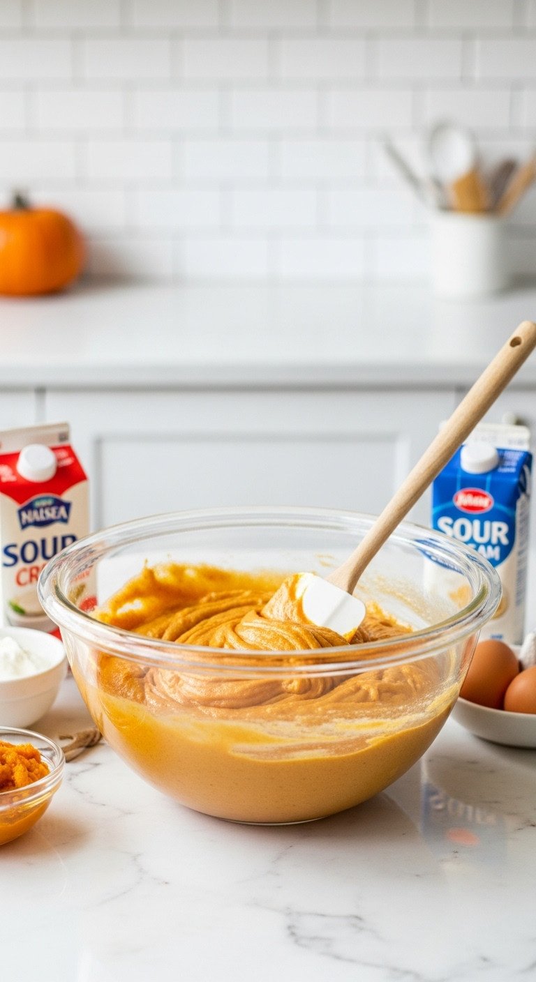 Hyperrealistic moist pumpkin spice cake batter in a glass mixing bowl with silicone spatula pumpkin puree and sour cream