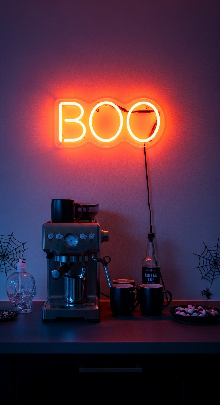 Hyperrealistic neon Boo Bar Halloween coffee bar decor with vibrant neon sign modern chrome coffee machine and skull shaped syrup bottle