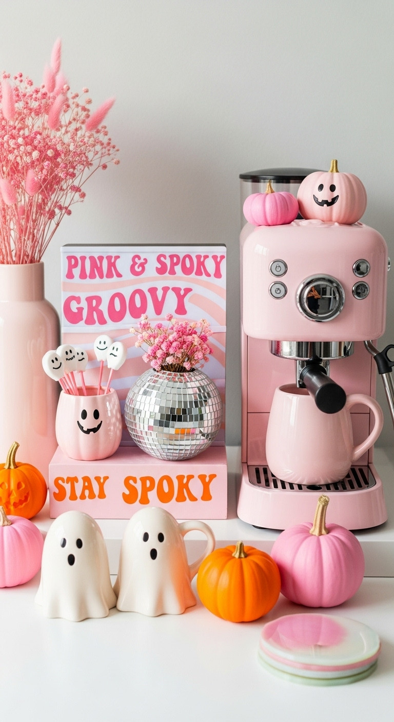 Hyperrealistic pink and spooky groovy vibes Halloween coffee bar decor with pink ghost mugs disco ball planter and Stay Spooky sign