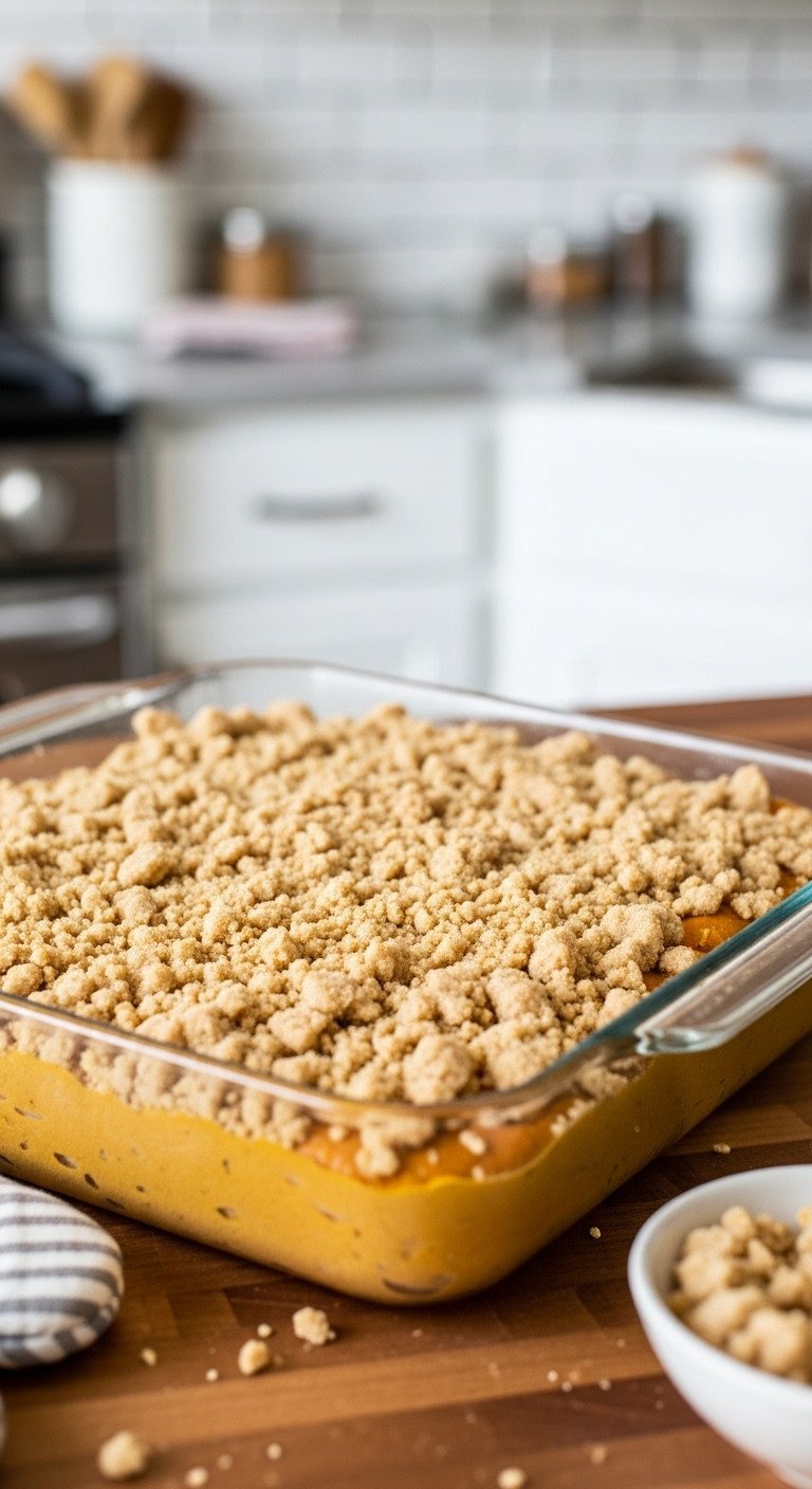 Hyperrealistic pumpkin coffee cake assembled in a 9x13 baking pan with smooth orange batter and crumbly cinnamon streusel topping