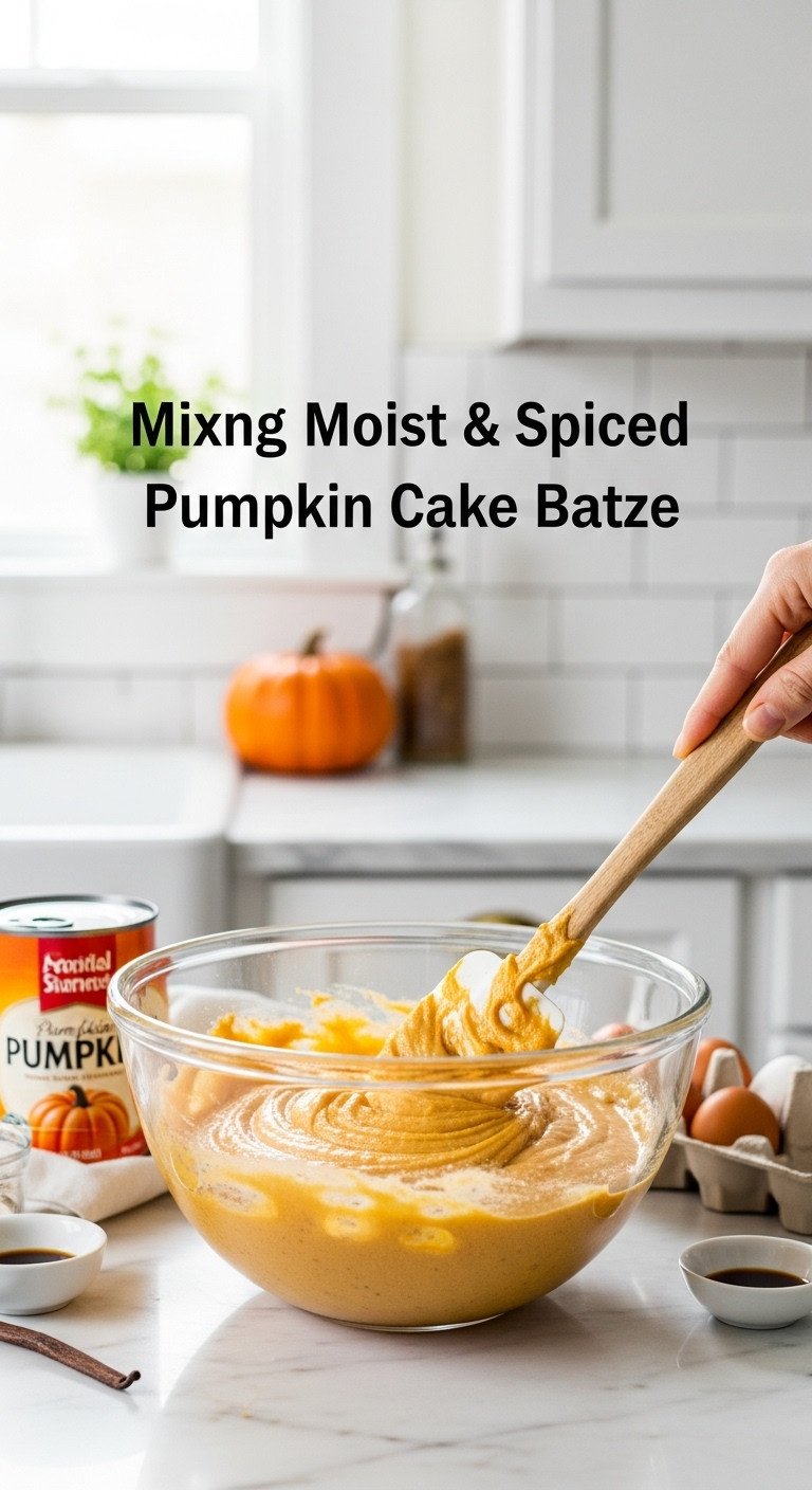 Hyperrealistic pumpkin coffee cake batter being mixed with visible spice swirls in a glass bowl on a marble countertop