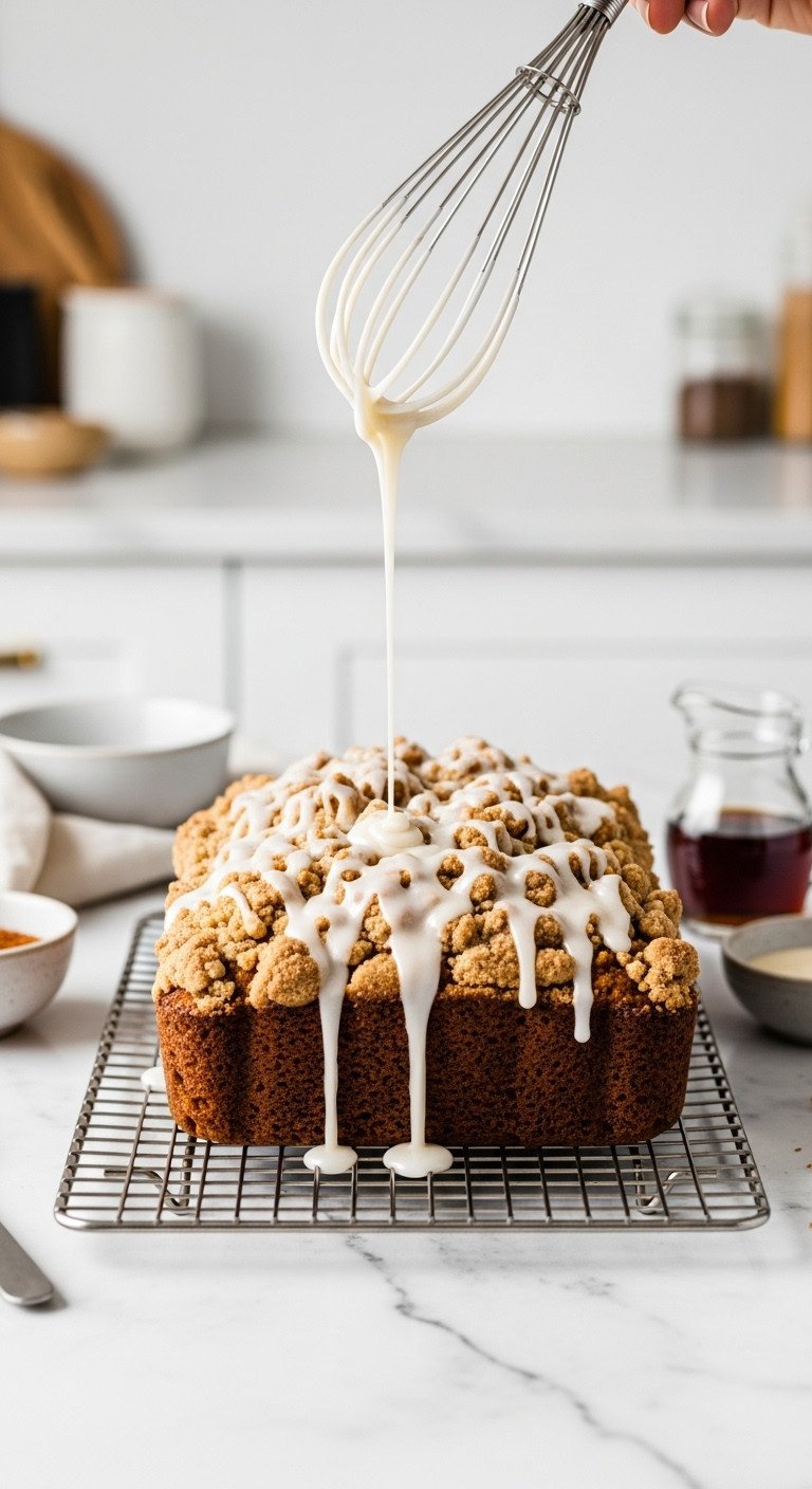Hyperrealistic pumpkin coffee cake being drizzled with maple glaze over a golden-brown streusel topping on a cooling rack