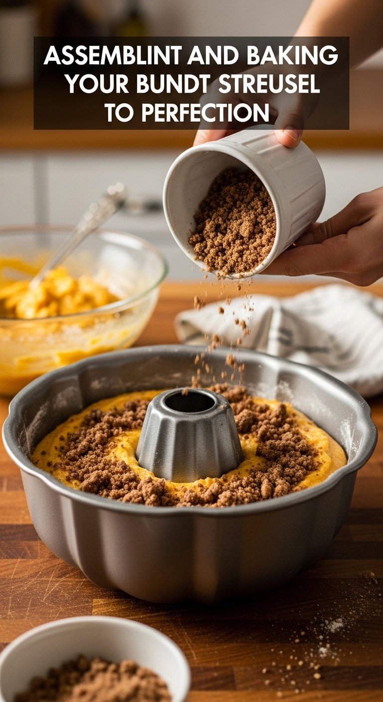 Hyperrealistic pumpkin coffee cake bundt assembly with orange batter and cinnamon streusel layered into a greased bundt pan