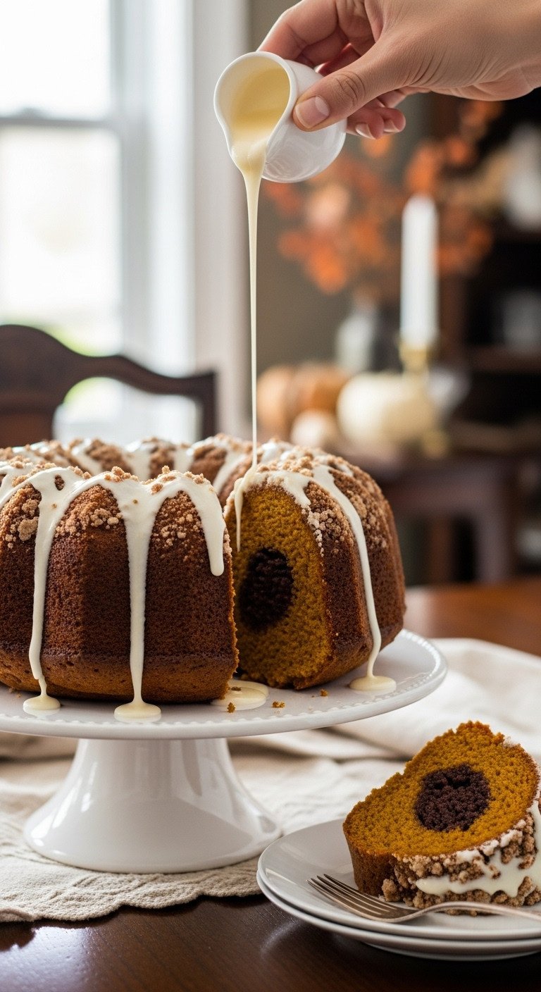 Hyperrealistic pumpkin coffee cake bundt with streusel being drizzled with a thick white vanilla glaze on a cake stand