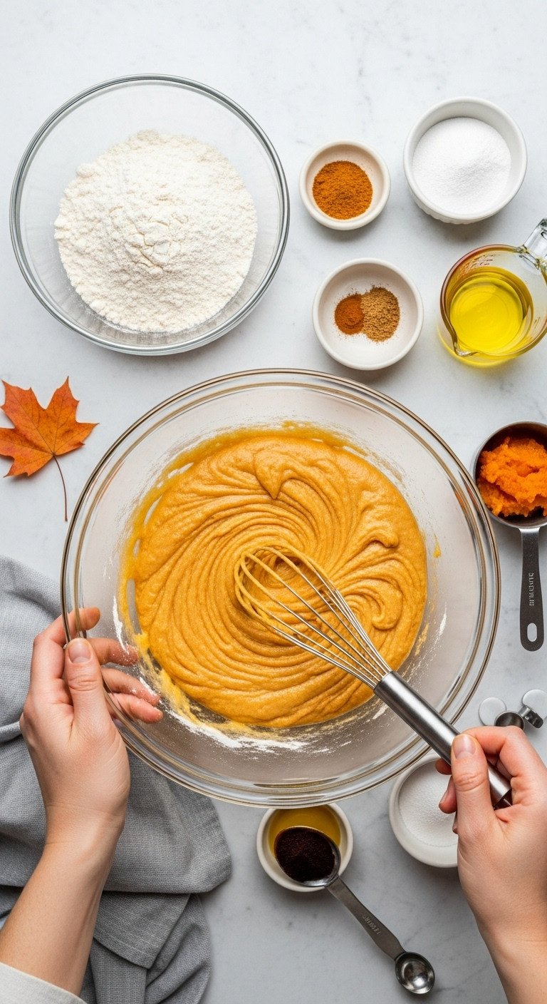 Hyperrealistic pumpkin coffee cake ingredients flat lay with vibrant orange batter flour pumpkin pie spice and pumpkin puree