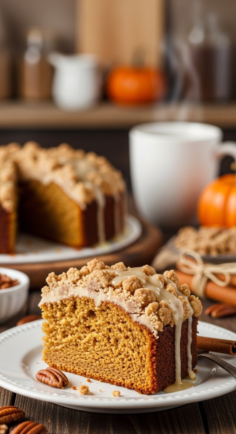 Hyperrealistic pumpkin coffee cake slice moist spiced and easy with streusel crumb topping and maple glaze on a white plate