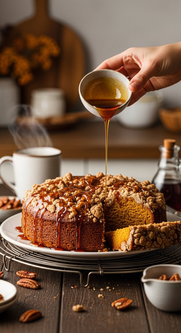 Hyperrealistic pumpkin coffee cake with maple glaze being drizzled over a golden-brown streusel topping on a cooling rack