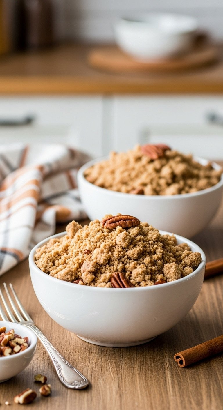 Hyperrealistic pumpkin coffee cake with maple glaze recipe showing cinnamon streusel topping with chopped pecans in a ceramic bowl
