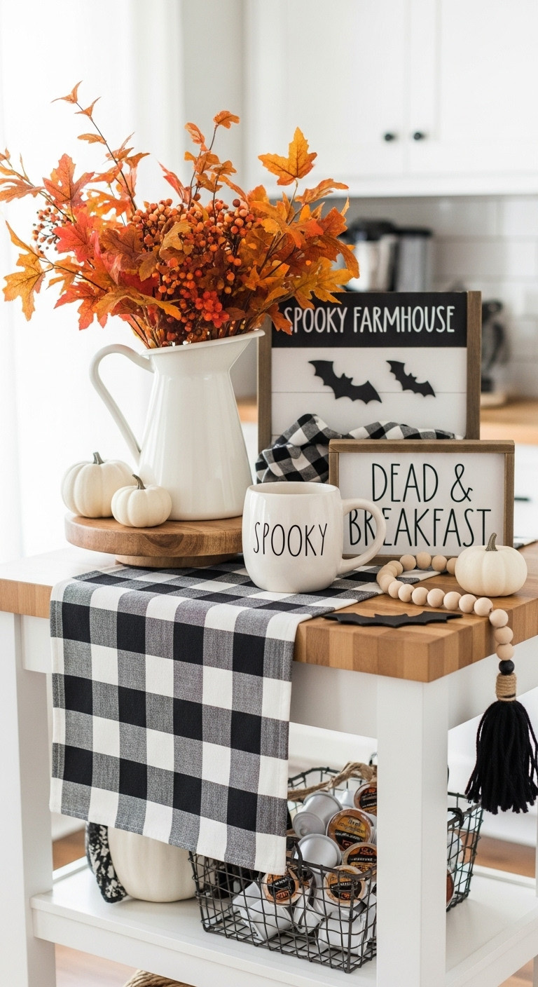 Hyperrealistic spooky farmhouse charm Halloween coffee bar decor with white coffee cart buffalo check runner Rae Dunn mug and Dead Breakfast sign