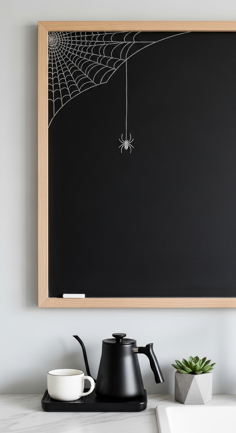 Hyperrealistic spooky spider web corner chalkboard art for Halloween coffee bar with intricate web elegant spider and glittery texture